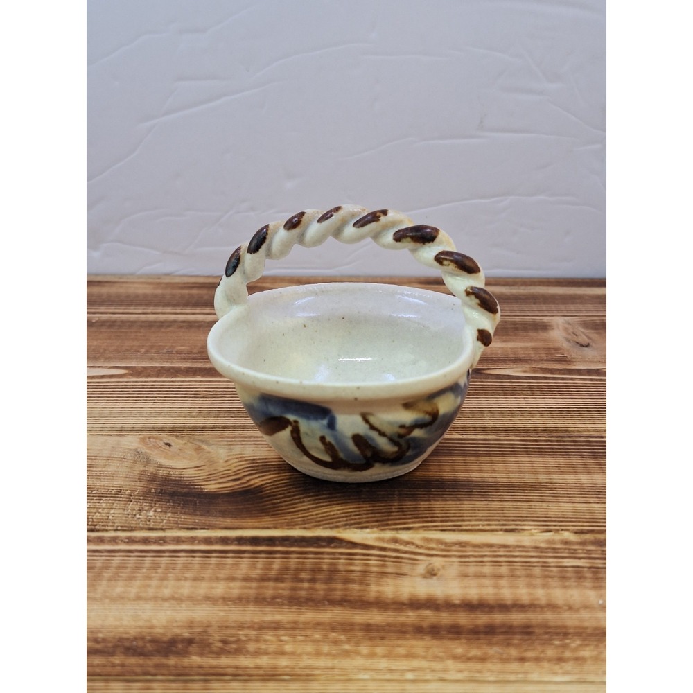 Studio Art Pottery Stoneware Small Bowl Handleβ Basket Vintage Blue Drip Glaze